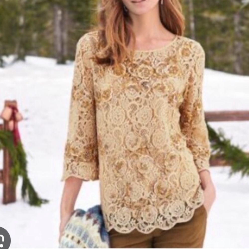 Sundance Gold Moon Flower Bead Sequin Lace Top